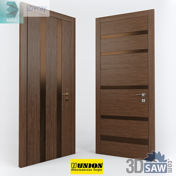 Two wenge doors with a tall bronze mirror glass strip, one crossed by horizontal grooves