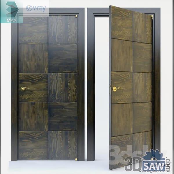 Distressed olive-black pine door made of chunky raised square blocks, shown closed and open