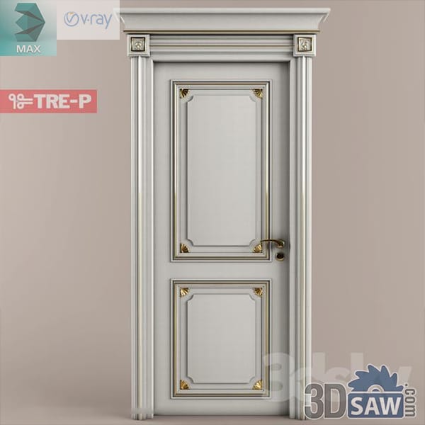 Grey classic door with gold-leaf panel lines and gilt ornaments in a fluted pilaster frame
