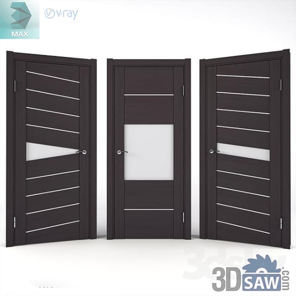 Three wenge modern doors with diagonal and horizontal metal inlay lines and one frosted glass panel