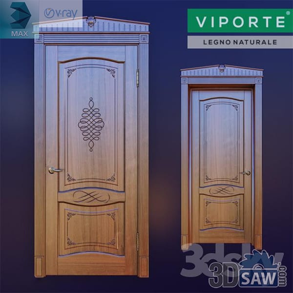 Golden oak classic door with carved scroll ornament, fluted pilasters and a carved pediment
