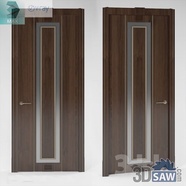Dark walnut door with a tall inlay-framed frosted glass panel, shown closed and open