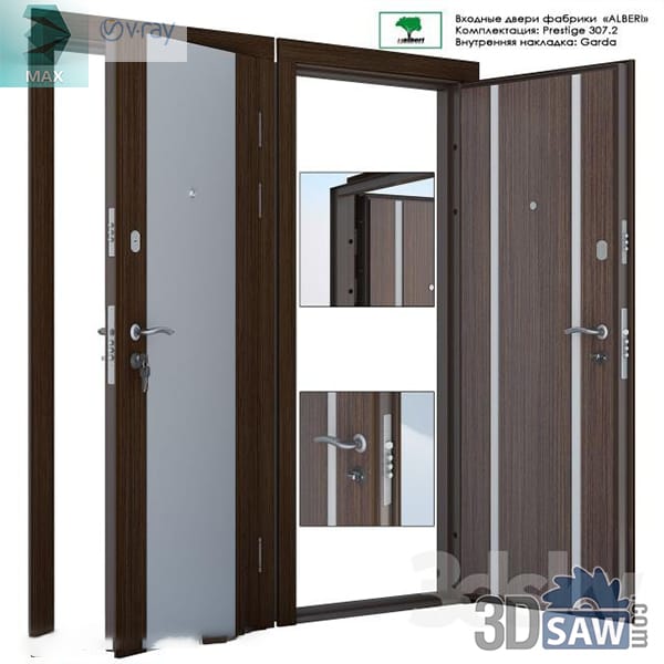 Armoured entrance door with a grooved brown exterior and white panelled interior, shown open and closed