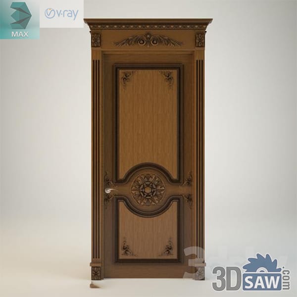 Golden oak door with a carved sunburst rosette medallion and scrolled corner carving