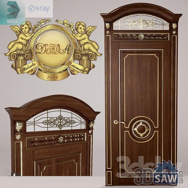 Dark walnut classic door with gilt trim, a round medallion and an arched leaded glass transom