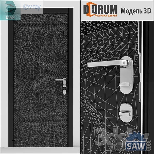 Black steel entrance door engraved with a warped triangulated web pattern and chrome lever