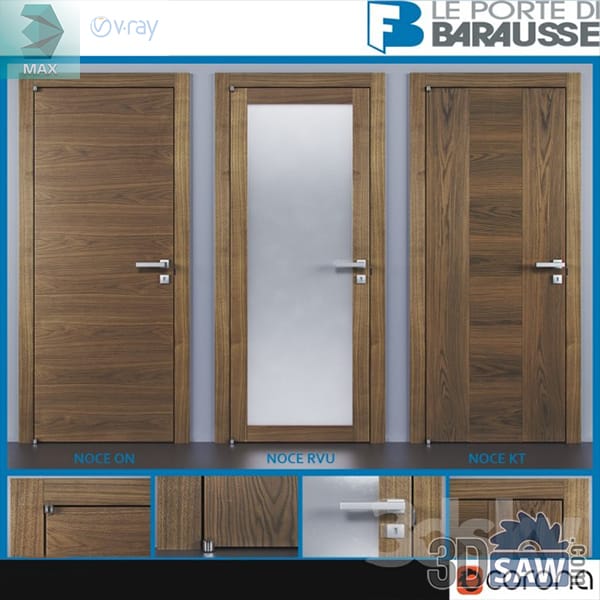Three walnut modern doors: solid flush, full frosted glass and horizontally slatted