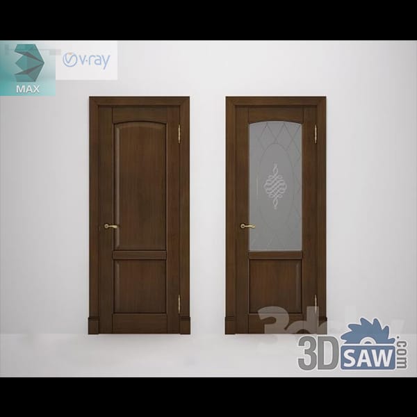 Two walnut arched-panel doors, one solid and one with a diamond-pattern etched glass light