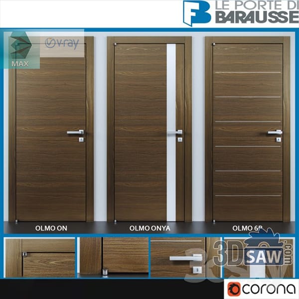Three walnut doors: plain flush, tall vertical frosted glass strip and horizontal reeded slats