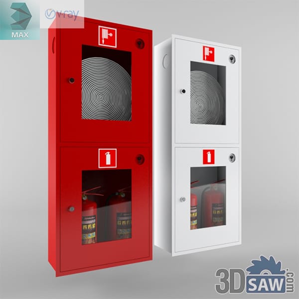 Tall two-compartment fire cabinet in red and white with a hose reel above and extinguishers below