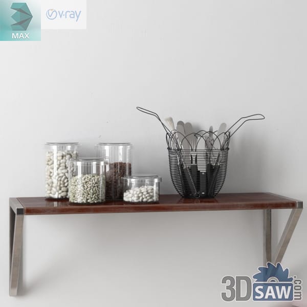 Clear glass canisters of beans and coffee beside a black wire basket holding loose cutlery