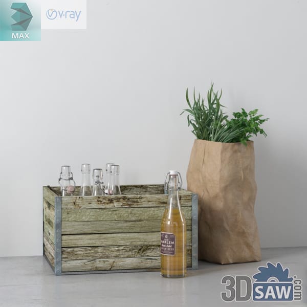 Wooden crate of clear swing-top bottles beside a herb plant potted in a kraft paper bag