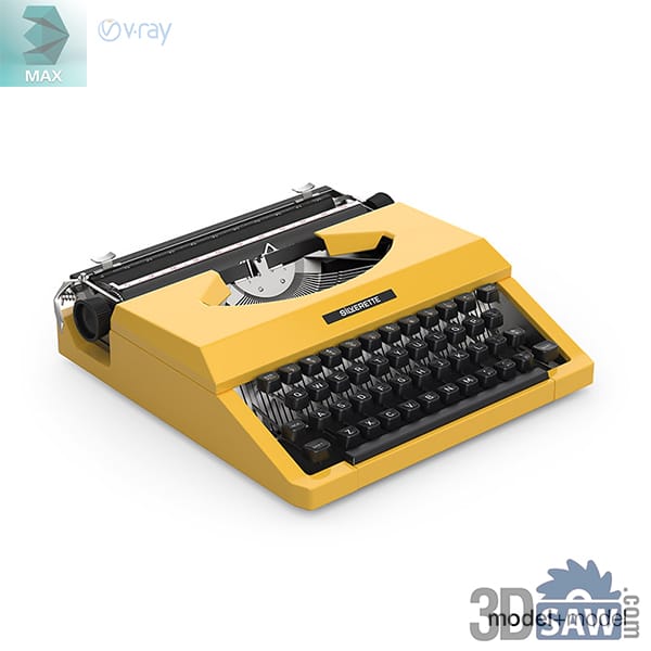 Compact mustard-yellow portable typewriter with a black platen and rounded dark keys
