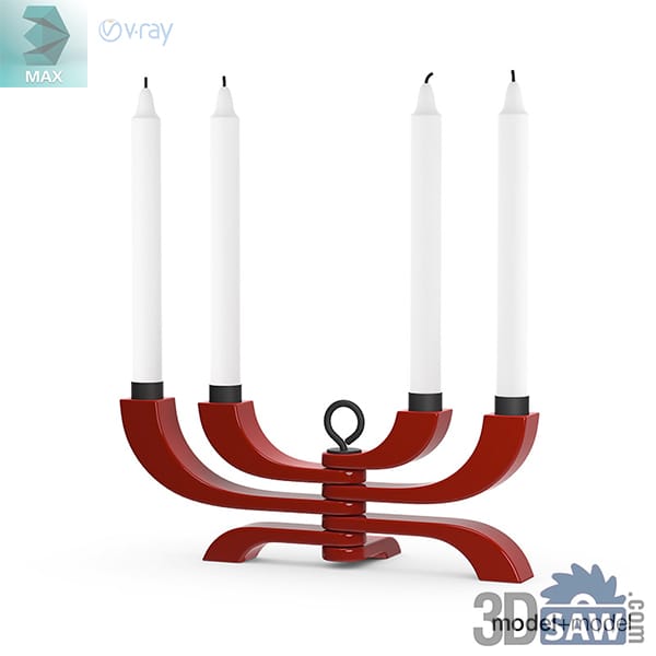Four-arm candelabra in red square steel rod with a coiled spring centre and white tapers