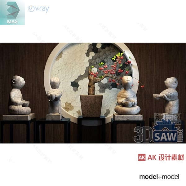 Four carved stone meditating figures on black plinths beside a blossom vase and a round moss wall panel