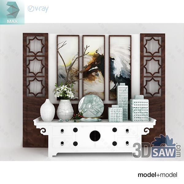 White carved sideboard with lattice screens, an ink triptych, white vases, a crackle-glass sphere and celadon jars