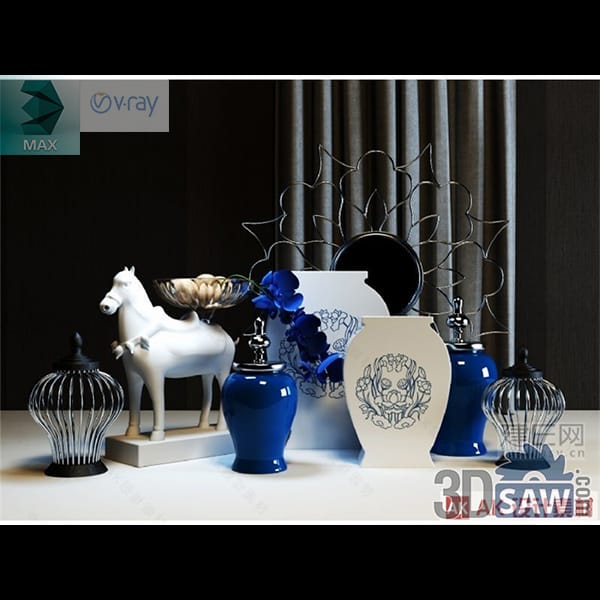 Blue-and-white porcelain ginger jars, ceramic horse figurine and sunburst mirror styling set