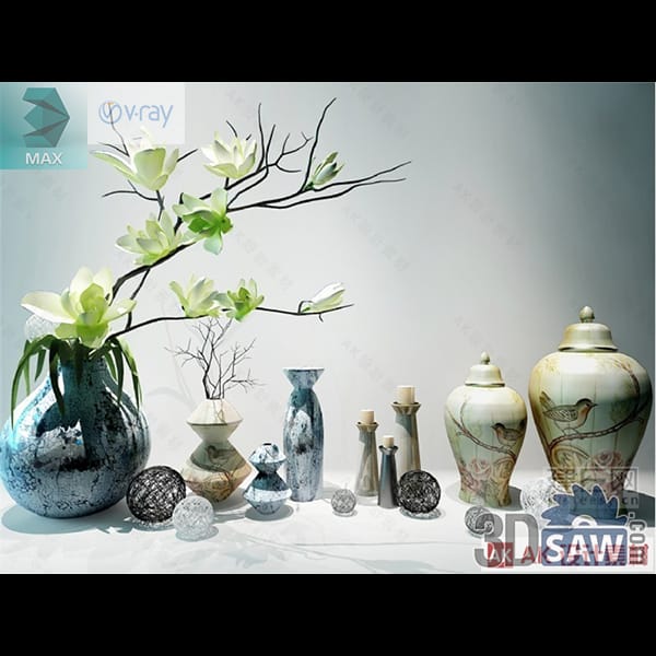 Candle holders among ceramic vases and small potted succulents on a ledge