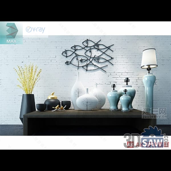 Blue-and-white ginger jars and a ceramic table lamp beneath a metal fish school wall art