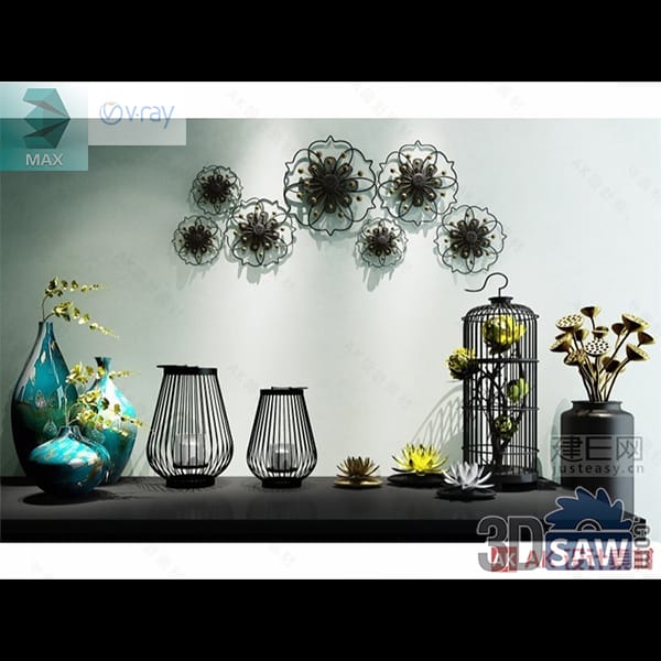 Teal ceramic vases and a lotus-filled wire birdcage beside lanterns under floral metal wall medallions