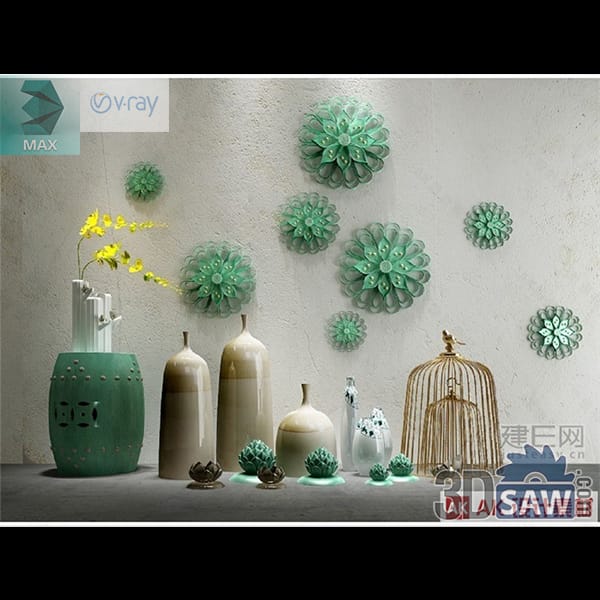 Teal ceramic vases beneath dimensional green mandala-flower wall sculptures