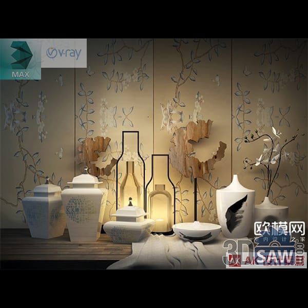 Chinoiserie ginger jar and lantern decor set on wood console