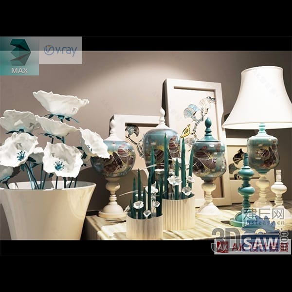 Painted ceramic jar and poppy vase decor set with matching table lamp