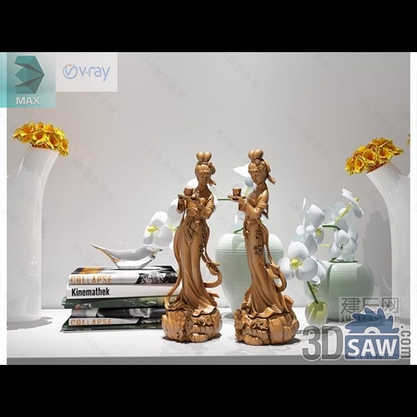 Gold figurine set with orchid vases and stacked books