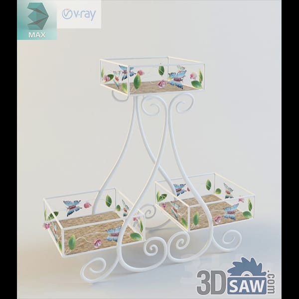 White iron tiered display rack with butterfly and floral panels