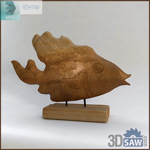 Hand-carved wooden fish sculpture on a rectangular wood stand