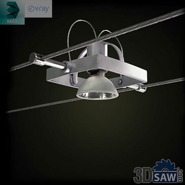 Spotlight fixture clipped onto a suspended steel cable lighting run