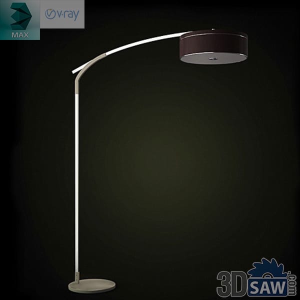 Curved arc floor lamp with a dark fabric drum shade over a round base