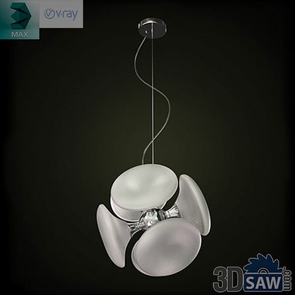 Pendant chandelier with four broad frosted glass petals fanning from a chrome hub