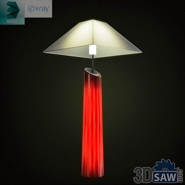 Floor lamp with an angular fabric shade over a red ribbed-glass stem