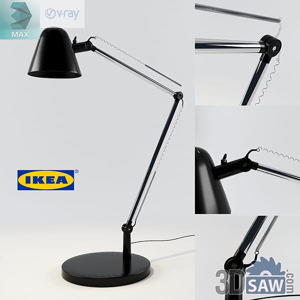Slim black spring-balanced desk lamp with a small flared cup shade on a low round base