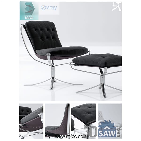 Black button-tufted sling lounge chair and matching ottoman on a polished chrome strut frame