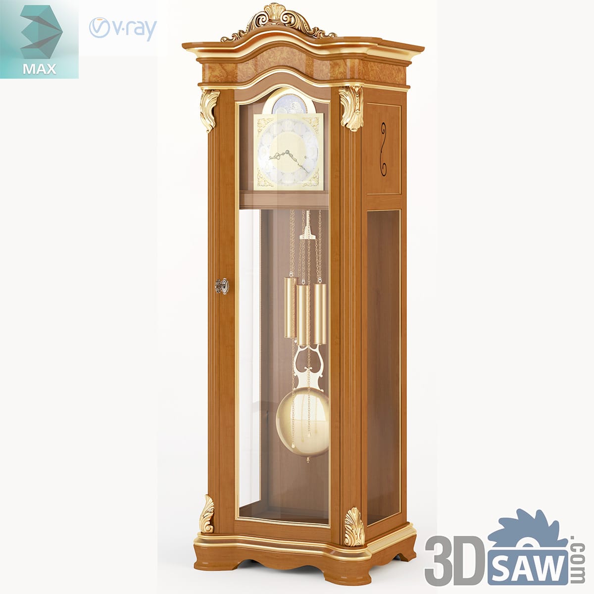 Cherry wood longcase grandfather clock with swan-neck pediment, glazed door and brass pendulum