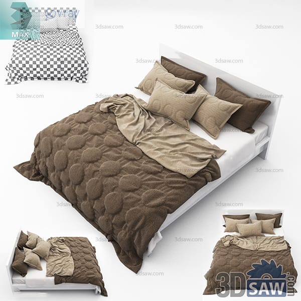 White bed with a brown circle-quilted duvet and beige pillows, shown with extra angles and UV view