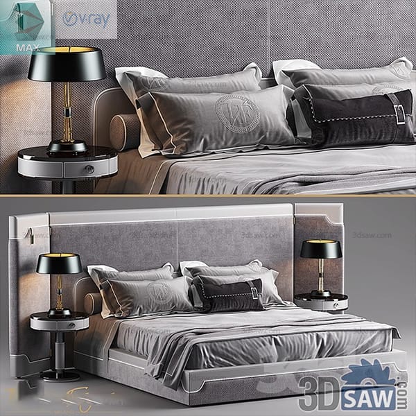 Grey velvet bed with white-piped winged headboard, round nightstands and black-shade lamps