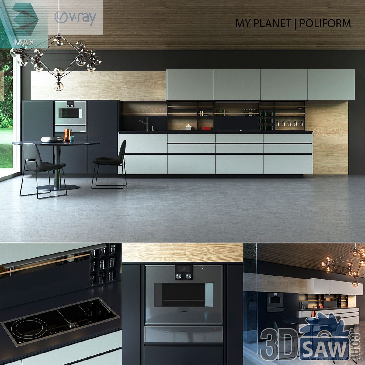 Long modern kitchen with white and charcoal units, oak shelving, built-in oven and a round dining nook