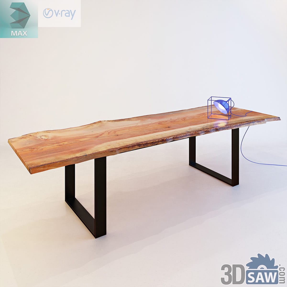 Live-edge acacia plank dining table on black looped square-tube steel legs
