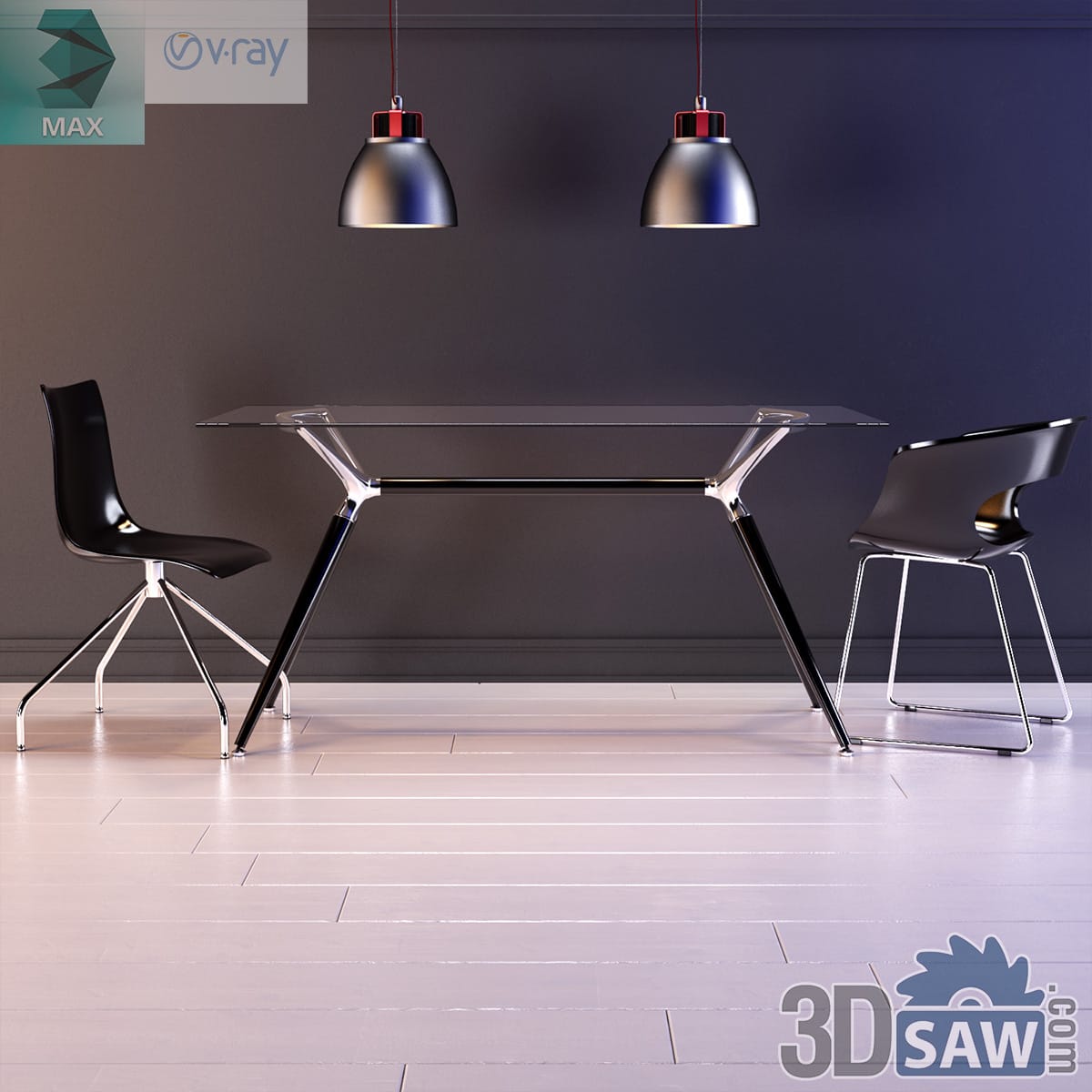 Glass-top dining table on chrome spider legs with black shell chairs and pendants