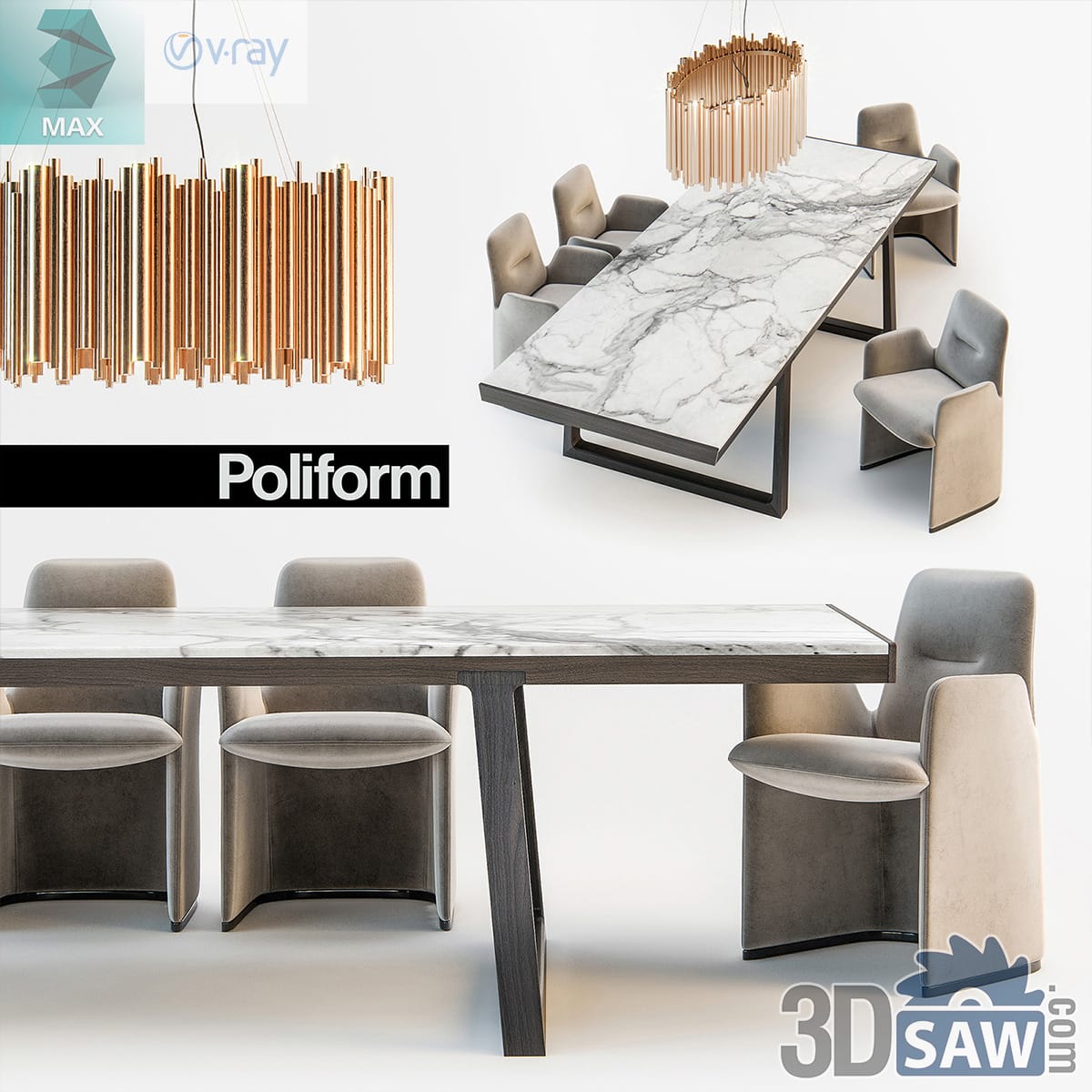 Veined marble dining table on a black frame with grey velvet armchairs