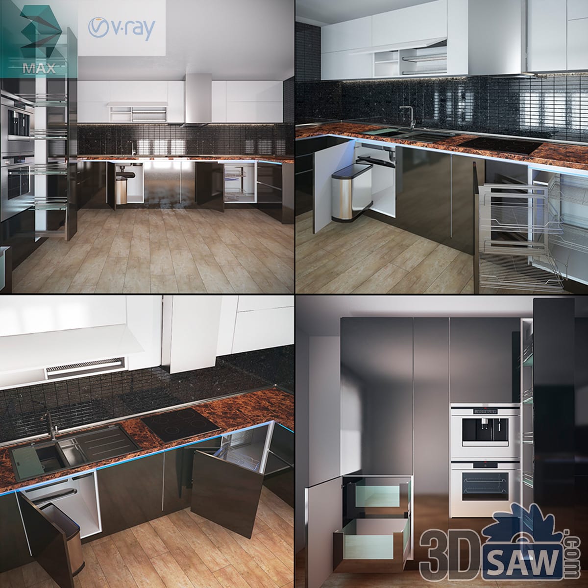 Dark gloss and white corner kitchen with a figured brown stone worktop