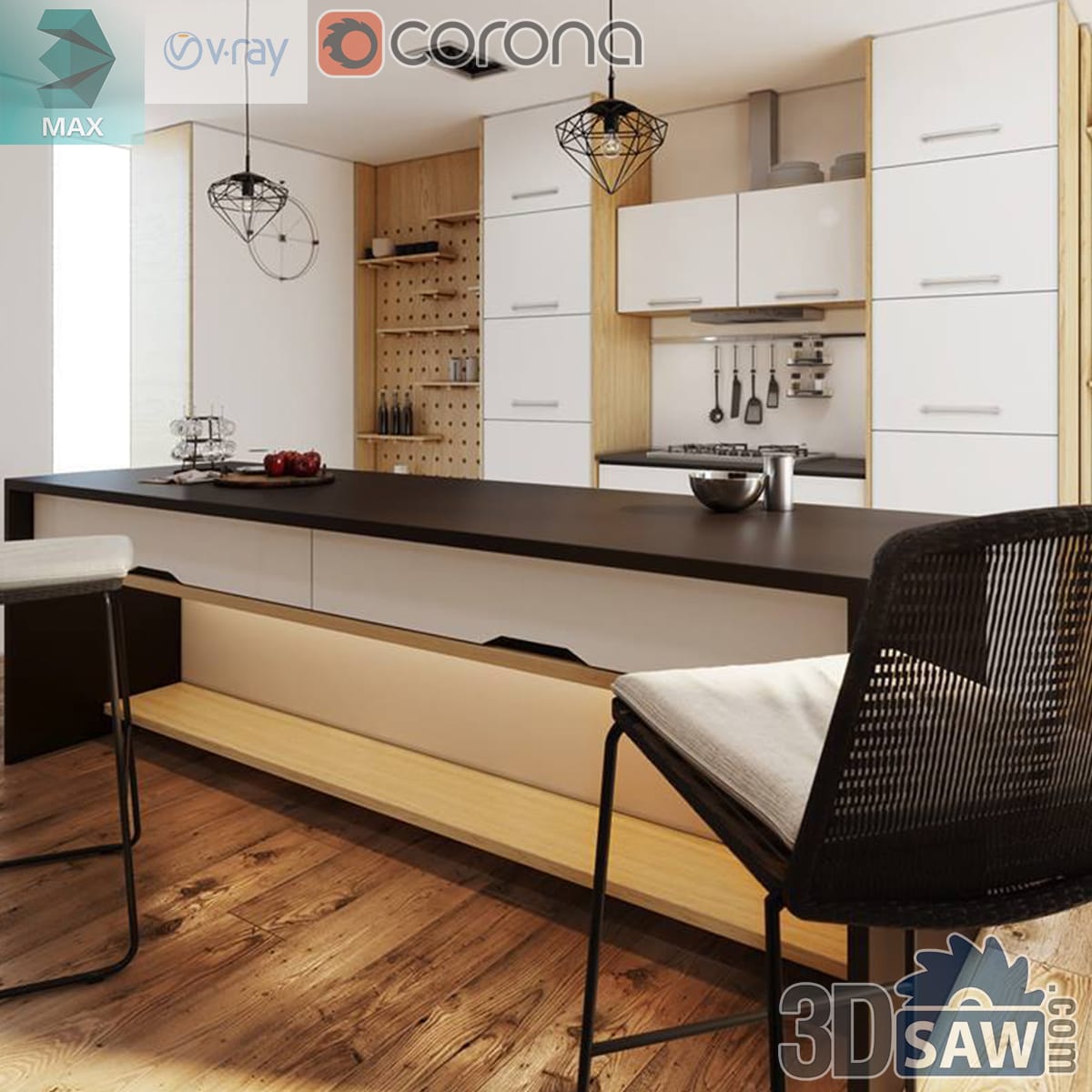 White and oak kitchen island with black stools under a plywood pegboard wall