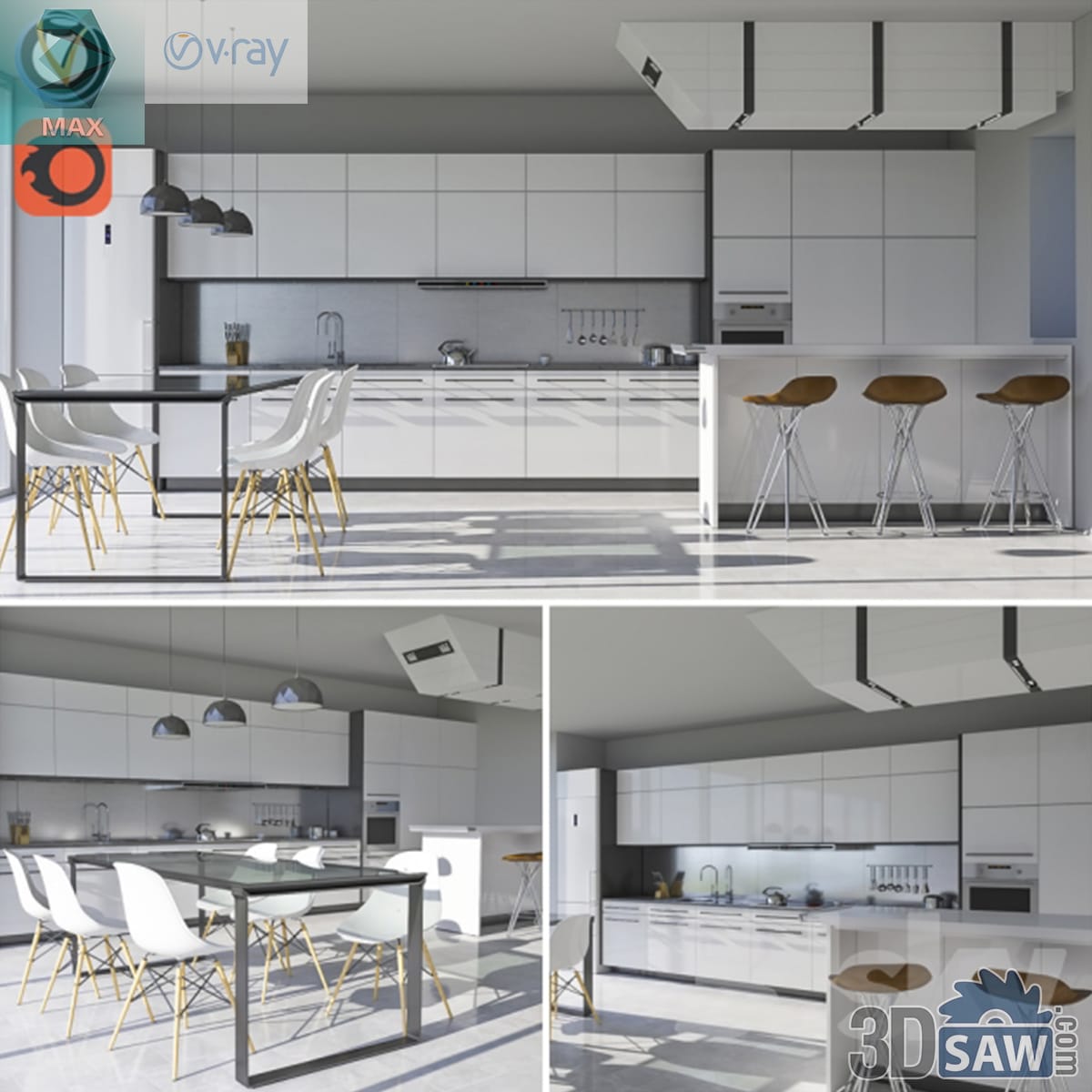 White gloss kitchen with an island breakfast bar, teal chairs and a glass table