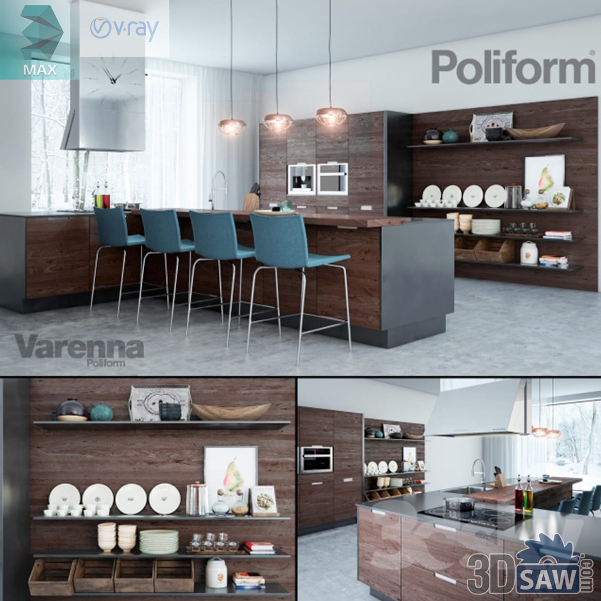 Dark oak kitchen island and breakfast bar against styled open display shelving