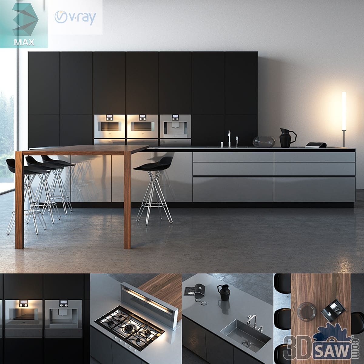 Matte black kitchen with a walnut breakfast table and black counter stools