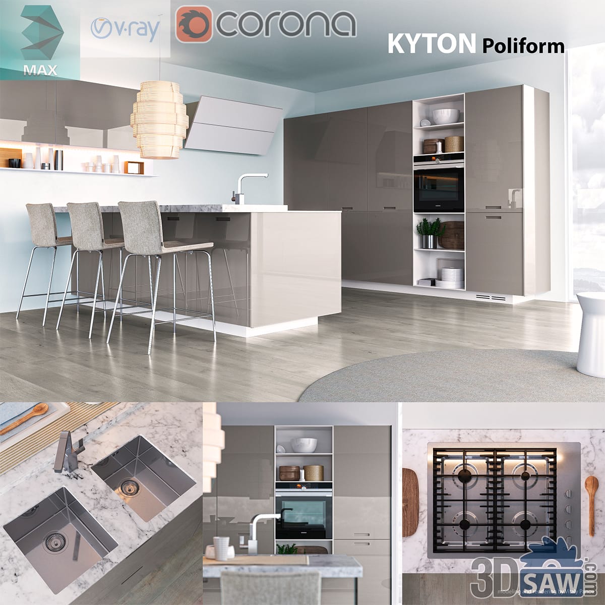 Taupe gloss kitchen with a white island, grey stools and a woven drum pendant