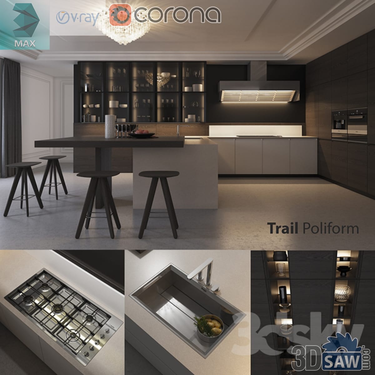 Dark brown kitchen with lit glass display cabinets and a wood-stool breakfast bar